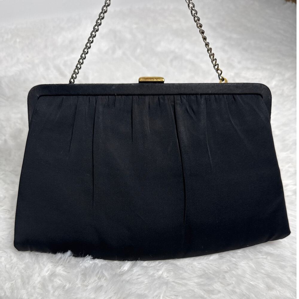 1950s After Five Black Satin Evening Clutch Rhinestone Clasp Coin Purse USA - Picture 3 of 12